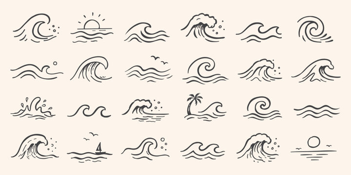 hand drawn set of Coastal summer waves for poster, placard or banner decoration. Sea or beach waves simple line drawing icons design. Summertime abstract simple sea theme sticker, badge, symbol, logo 