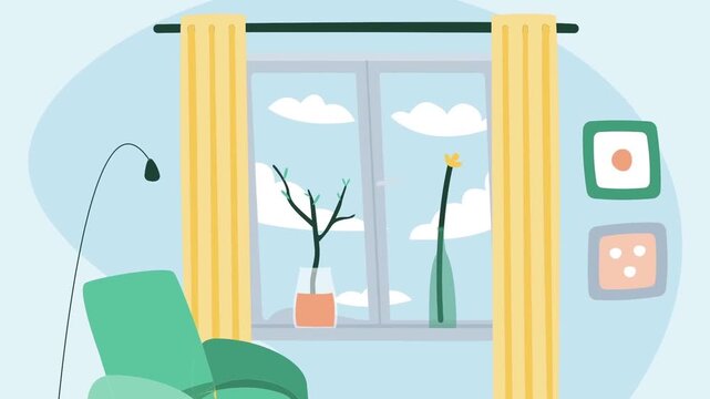 Cozy Apartment Living Room Interior Design with Window View, Armchair, Houseplants and Home Decor Elements 2D Animation