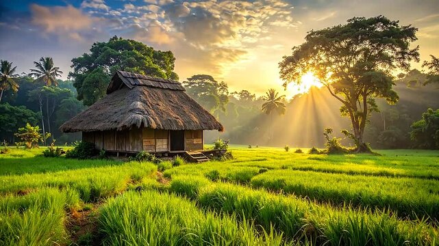 A rustic wooden hut sits in a lush green field at sunrise