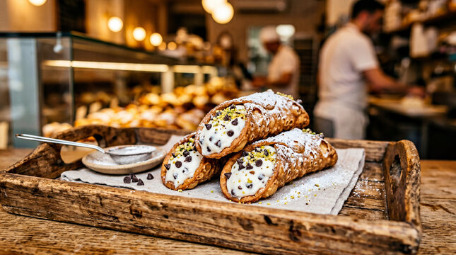 Traditional Italian cannoli with ricotta cheese and chocolate chips, authentic Sicilian pastry on rustic wooden tray, artisan bakery dessert isolated PNG with Transparent Background