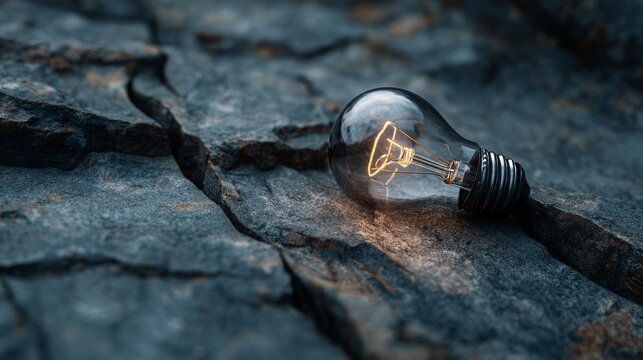 33.Single illuminated light bulb resting on cracked rock formation, symbol of innovation and hope, soft ambient glow lighting surrounding stone texture, moody dark background, cinematic shadows,