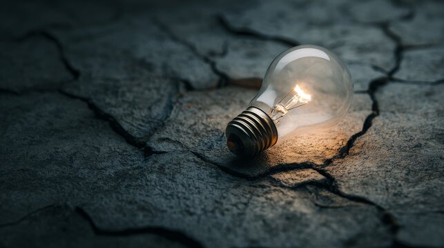 33.Single illuminated light bulb resting on cracked rock formation, symbol of innovation and hope, soft ambient glow lighting surrounding stone texture, moody dark background, cinematic shadows,