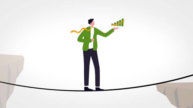 Businessman Balancing on Tightrope Holding Financial Growth Graph, Corporate Risk Management and Stability Concept 2D Animation