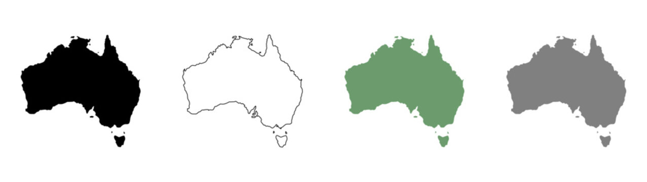 Australia map silhouette set featuring four different styles including solid black, white filled with black outline, green, and gray vector illustrations