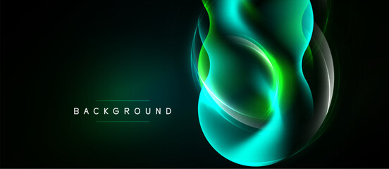 Naklejka premium Dark background features vibrant green, teal flowing shapes. Abstract design evokes energy, movement, modern aesthetic. Minimalist style.