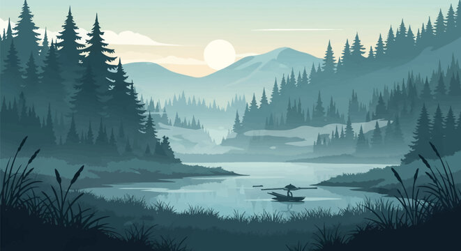 Minimalist vector illustration of a tranquil mountain lake landscape featuring a lone rowboat on calm water surrounded by dense pine forests, misty hills, and a pale rising sun.