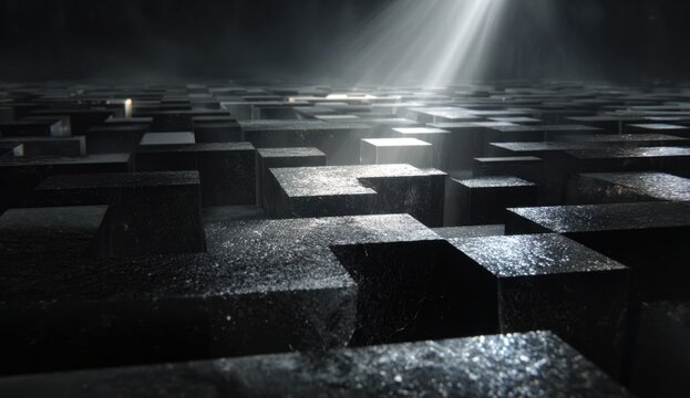 Intricate 3d maze composed of dark metallic blocks illuminated by beams of light, showcasing a complex geometric pattern with reflective surfaces