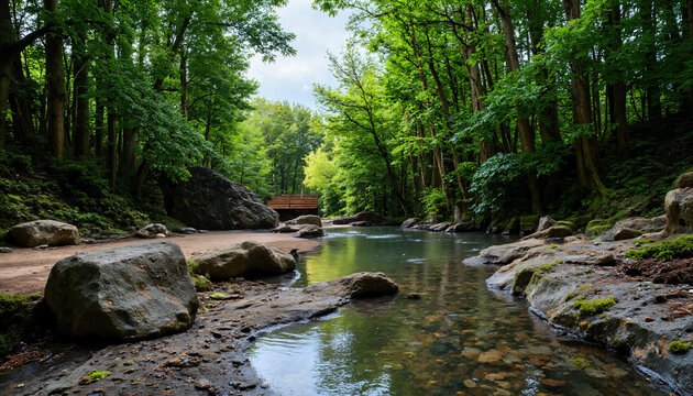 Flusslauf mit klarem Wasser und gro&szlig;en Ufersteinen inmitten eines gr&uuml;nen Waldes mit einer Holzbr&uuml;cke im Hintergrund