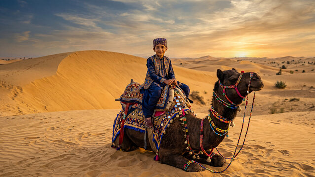 Proud Young Pakistani Boy in Balochi Embroidered Clothes Sitting on Decorated Camel in Thar Desert