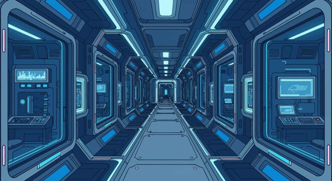 Futuristic spaceship interior corridor illustration with symmetrical workstations, digital display screens, glowing blue neon lines, and control consoles in a flat 2D vector art style.