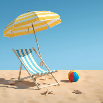 Beach chair and umbrella with ball on sandy shore