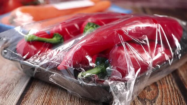 Fresh red peppers in plastic wrap on a wooden table