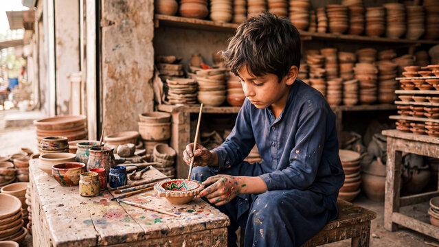Young Pakistani Boy Painting Intricate Floral Designs on Clay Diya Lamp at Roadside Workshop in Multan