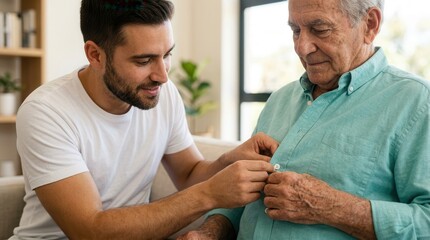 Obraz premium Young man assisting his elderly senior father with buttoning a shirt during daily care.