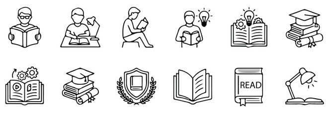 Fototapeta premium Knowledge Icon Vector Set – Inspiration, Creative Idea, Reading, Learning, Book Flat Icon for Education Apps & Websites