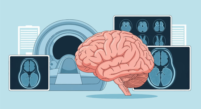 Detailed illustration of a human brain model shown alongside MRI brain scans and a magnetic resonance imaging scanner schematic, representing neurology and medical diagnostics.