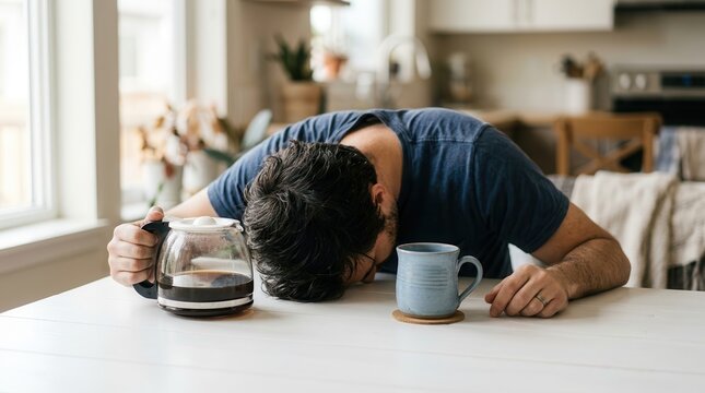 A sleepy man holding a glass coffee carafe near an empty cup on a table.