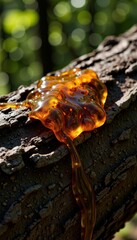 Fototapeta premium Glistening Amber Resin Flowing on Sunlit Tree Bark in Forested Scene