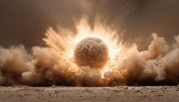 Large spherical explosion with fiery cloud and smoke emanating from ground, depicting a dramatic atom or energy blast in the sky