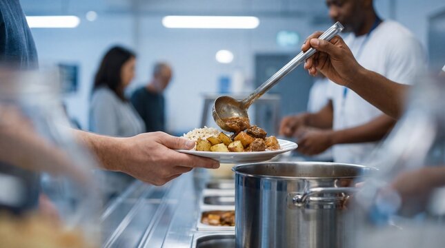 People serving food in soup kitchen shelter