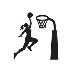 Silhouette of a Female Basketball Player Jumping to Score a Layup Dunk. © shahariea