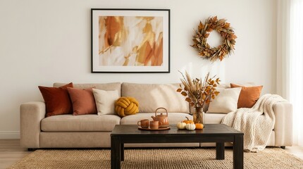 Fototapeta premium Autumn-inspired living room interior with a beige sofa and orange cushions.