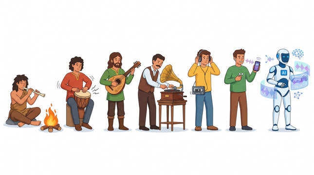 Evolution of music and sound technology cartoon characters. Progress from prehistoric flute, drums, and lute to gramophone, cassette tape, smartphone, and AI robot. Flat vector isolated background.