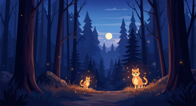 Vector illustration of two small orange stylized creatures with antennae standing in a dark pine forest at night under a full moon, surrounded by glowing fireflies and stars.