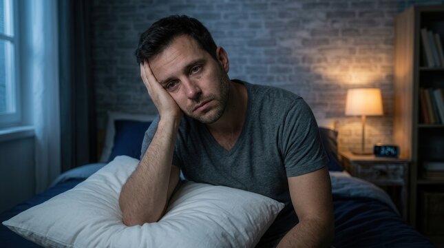 Handsome man suffering from insomnia and unable to sleep at night.