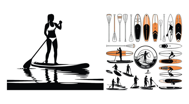 Stand up paddle boarding silhouette collection and icons