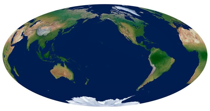 World Map. Hammer projection animation. High-detail physical map of Earth. Equal-area world view, rotating longitude.