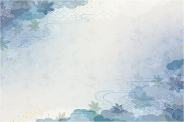 Fototapeta premium 青い紅葉と流水を描いた上品な和風秋背景