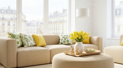 Naklejka premium Spring living room interior design featuring a modern sofa, furniture, and yellow tulips in a vase.