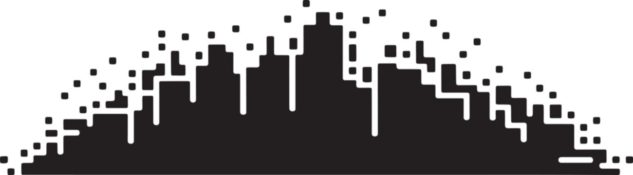 Abstract cityscape fragmented pixels in style in outline style visuals on black background
