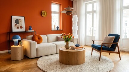 Naklejka premium Modern mid-century living room with warm orange walls and colorful accessories.