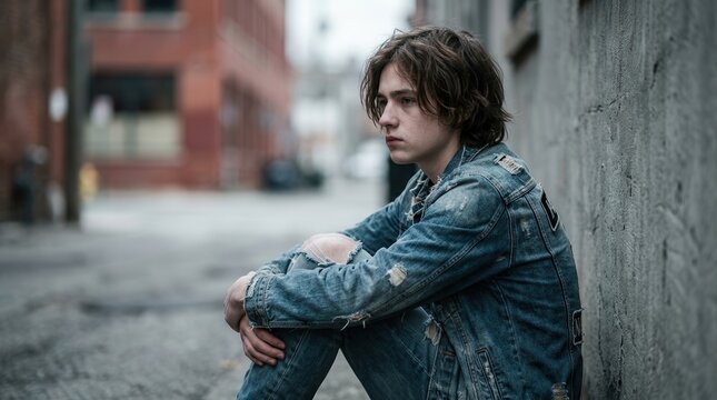 A sad homeless young person sitting alone on a city street facing hardship.
