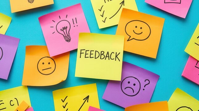 Colorful sticky notes with feedback text and drawings on a vibrant background.
