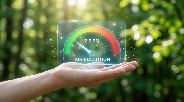 Hand holding a digital gauge showing 5 PM air pollution levels against a green nature background.