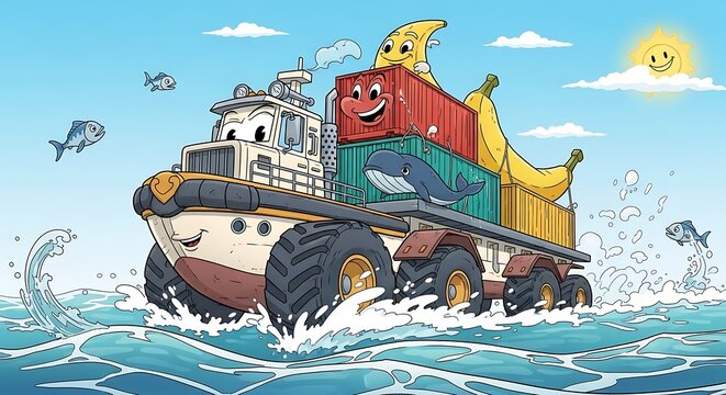Cartoon tractor pulling colorful wagon in field.