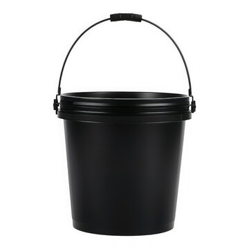 Black plastic bucket with metal handle on transparent background
