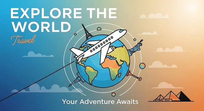 Colorful world map with vintage airplane and hot air balloon.
