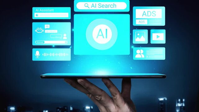 Innovative AI User Interface Concept with Smart Device Displaying Interactive Features for Digital Search, Advertising, and Voice Assistance Gluon.