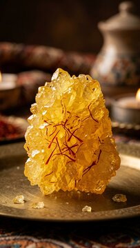 Saffron rock candy nabat on metal plate with threads in a warm traditional atmospheric setting