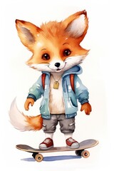 Naklejka premium Cute animal characters fox skateboard mammal.