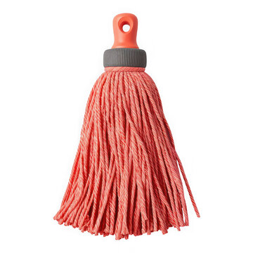 Red mop head with twisted yarn and plastic handle on transparent background