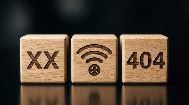 Wooden blocks with XX error symbols, no wifi connection sad face, and 404 error code on a dark background.
