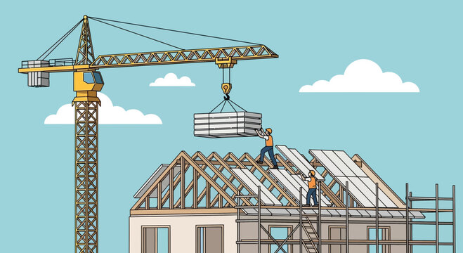 Construction Workers Building Roof with Crane Assistance Illustration