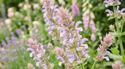 Obraz premium Beautiful Salvia sclarea clary sage flowers blooming in a lush green garden.