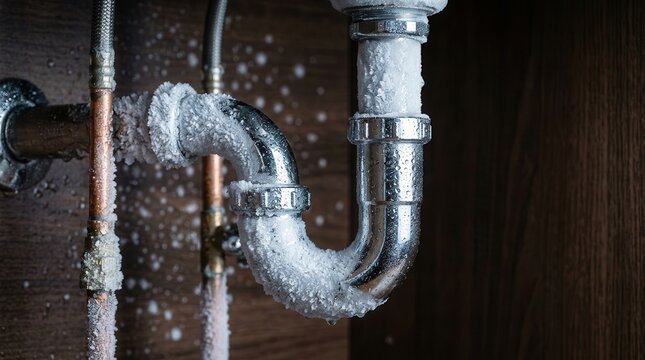 Frozen kitchen sink pipes with frost buildup and condensation.