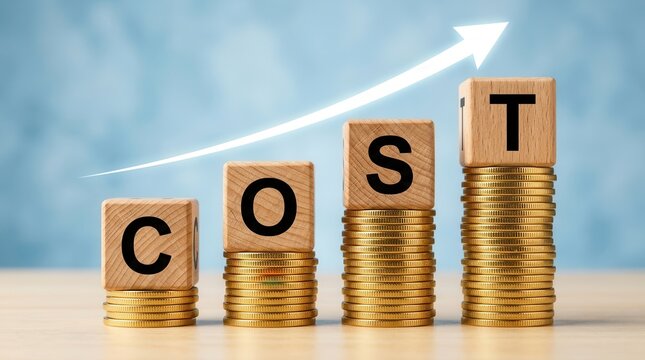 Concept of cost increase represented by wooden blocks and rising stacks of gold coins.